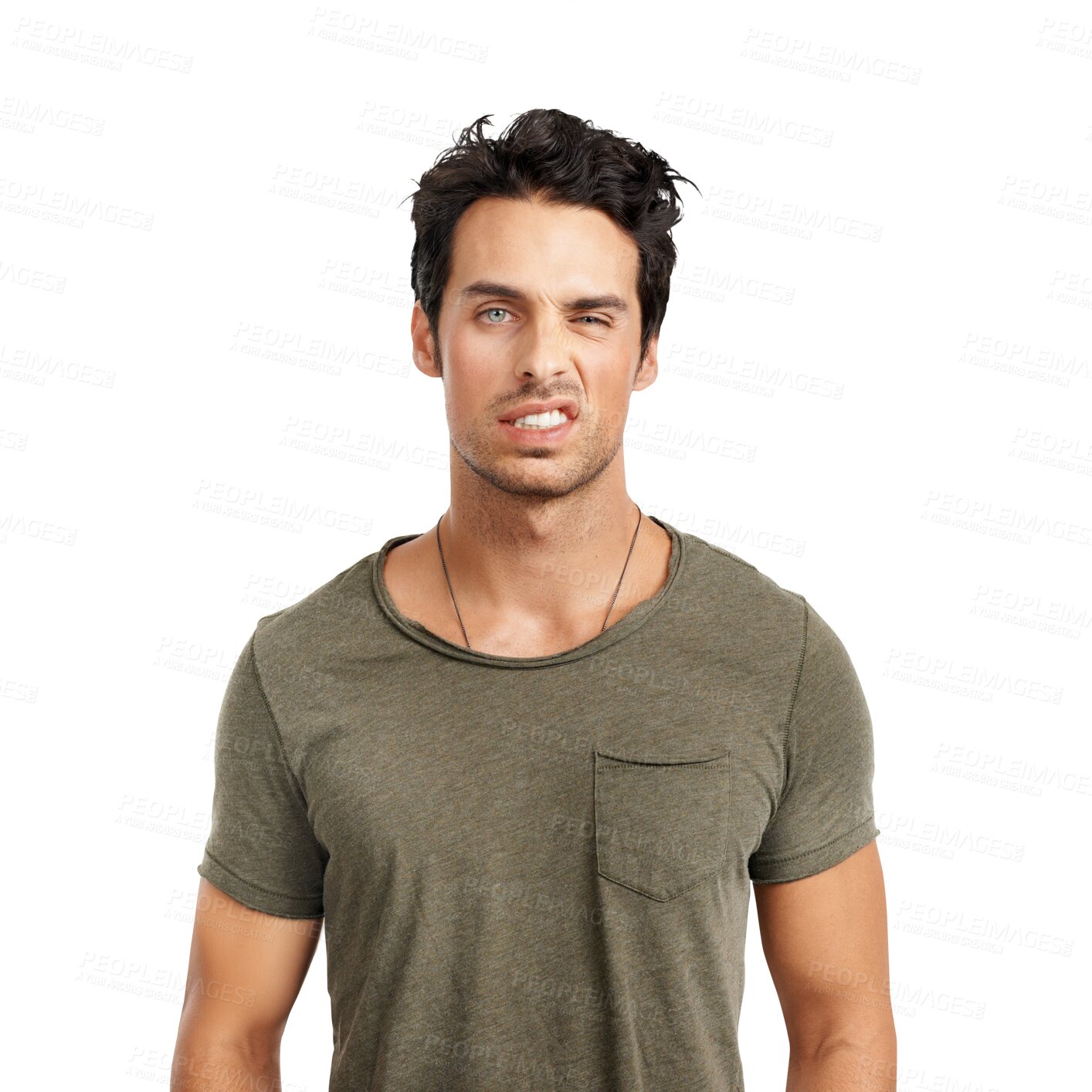 Buy stock photo Fashion style, portrait of a man with funny face isolated and against a transparent png background. Comedy or comic, humor or fun and young male person with facial expression for joke entertainment