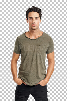 Buy stock photo Portrait, fashion and focus with a serious man isolated on a transparent background in a trendy clothes outfit. Clothing, style and a confident or handsome young male model from Italy posing on PNG
