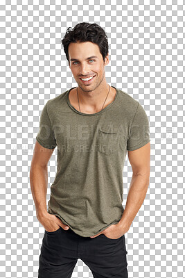 Buy stock photo Portrait, fashion and happy with a casual man isolated on a transparent background in a trendy clothes outfit. Clothing, smile and a confident or handsome young male model from Italy on PNG