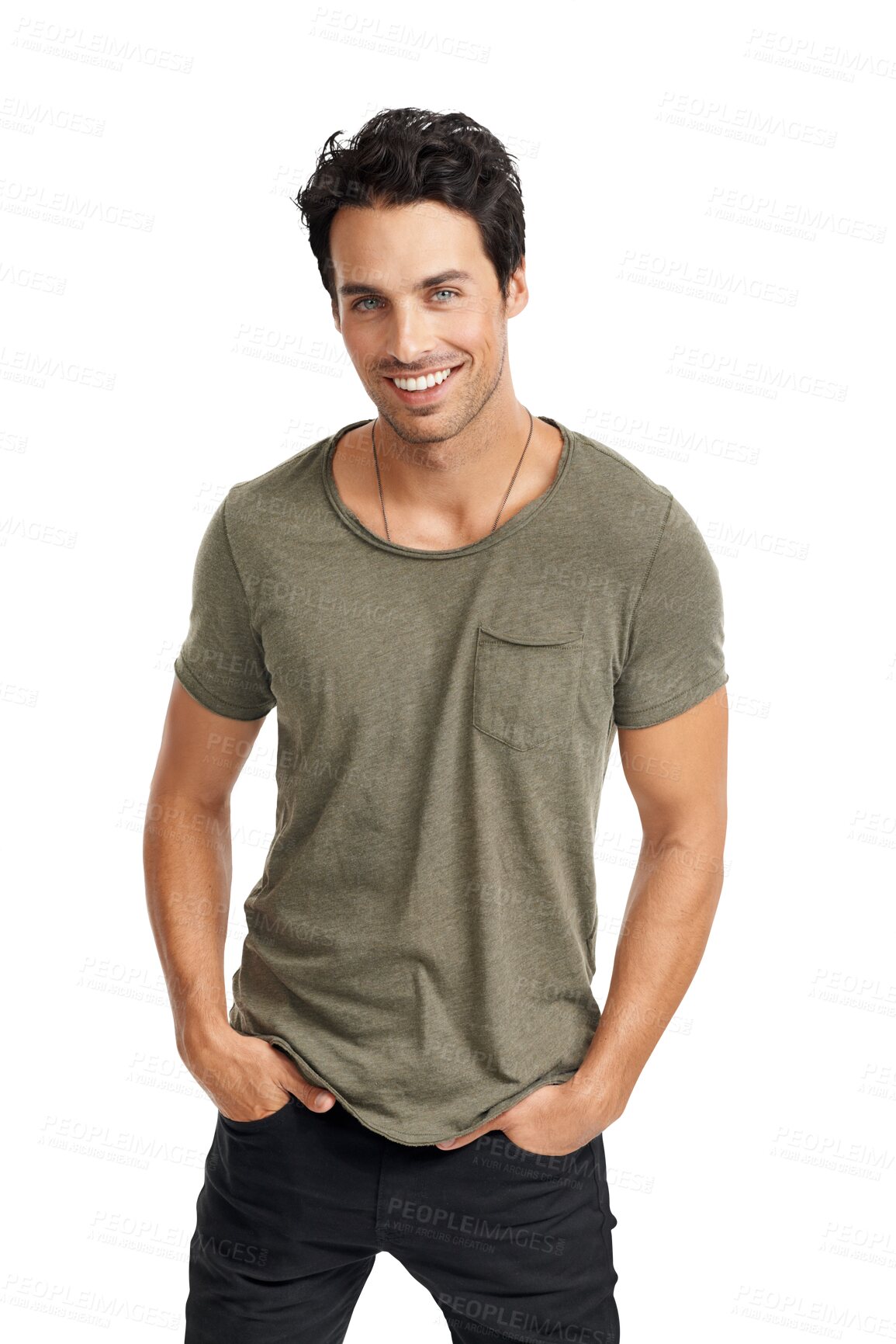 Buy stock photo Portrait, fashion and happy with a casual man isolated on a transparent background in a trendy clothes outfit. Clothing, smile and a confident or handsome young male model from Italy on PNG