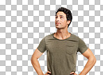 PNG A handsome young man standing with hands on his hips looking up