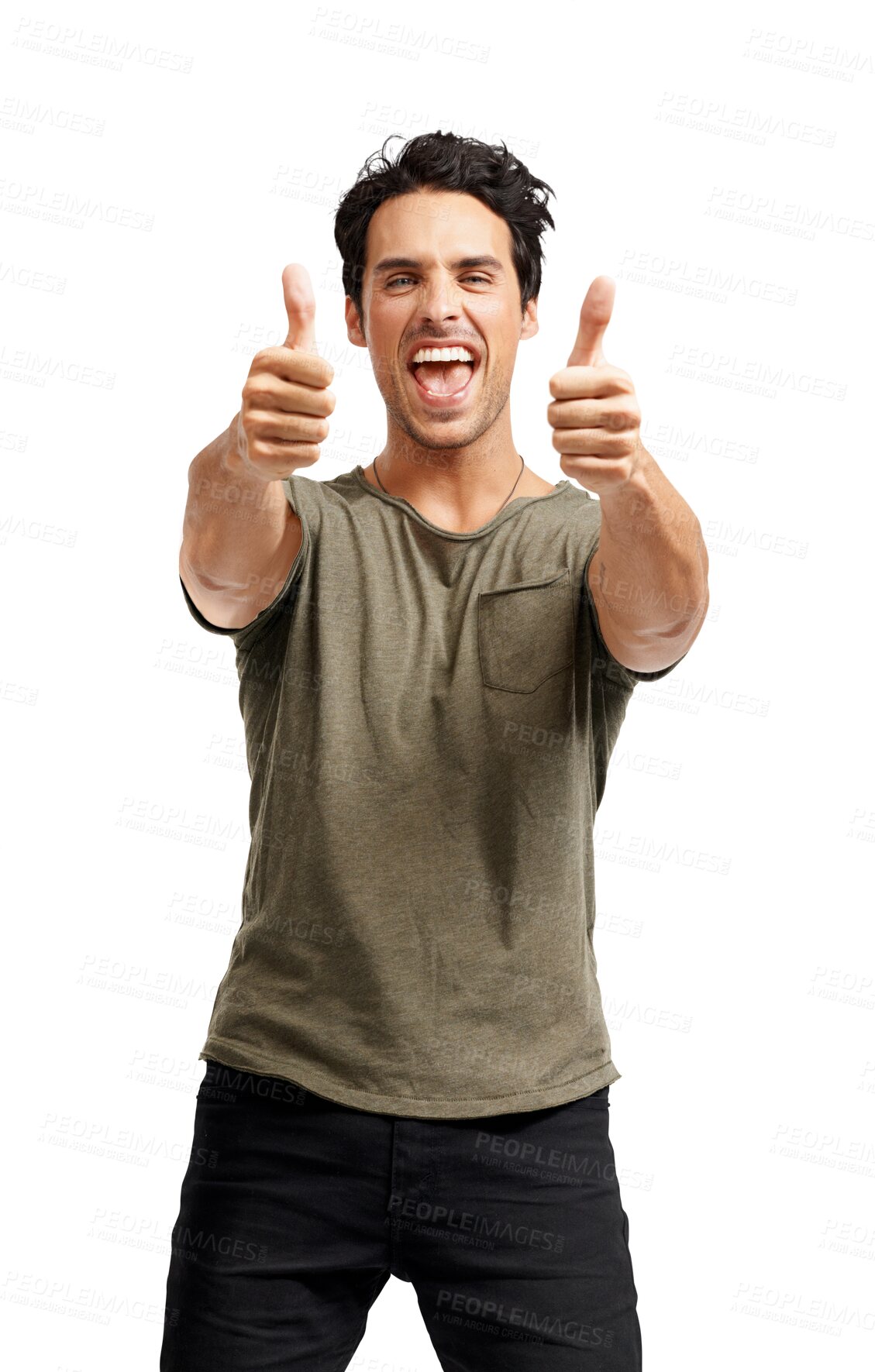 Buy stock photo Man with thumbs up, excited and agreement in portrait, thank you and success isolated on transparent png background. Crazy, positive energy and feedback with happy male person with hand gesture emoji