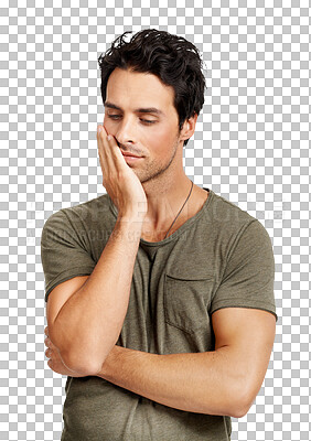 Buy stock photo Question, thinking and man with ideas, decision and choice isolated against a transparent background. Male person, confused and model with creativity, future and png with memory, fantasy and planning