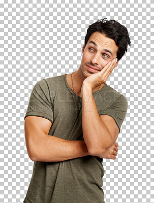 Buy stock photo Fantasy, thinking and man with ideas, choice and planning isolated on a transparent background. Male person, future or model with png with memory, remember and opportunity with creativity and mindset