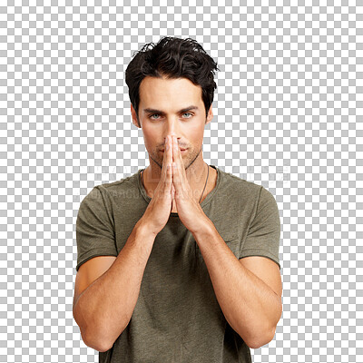 Buy stock photo Portrait, prayer hands and serious man isolated on a transparent png background. Face, praying and Christian person with hand for hope in religion, faith and praise, worship and asking God for help