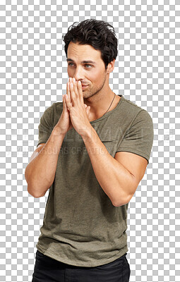 Buy stock photo Thinking, prayer hands and serious man isolated on a transparent png background. Spirit, praying and Christian person with hand for hope in religion, faith and praise, worship and asking God for help