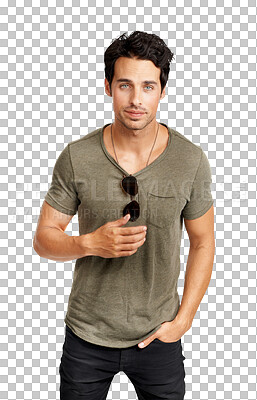 Buy stock photo Portrait, fashion or sunglasses with a serious man isolated on transparent background in a trendy clothes outfit. Fashionable eyewear, style and a confident or handsome young male model posing on PNG