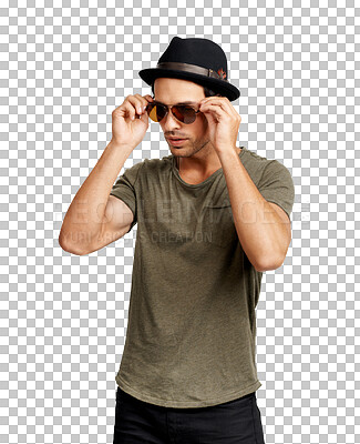 Buy stock photo Isolated man, thinking and sunglasses with hat, idea or edgy for memory by transparent png background. Young student guy, brainstorming or trendy in hipster fashion, remember or future vision in life