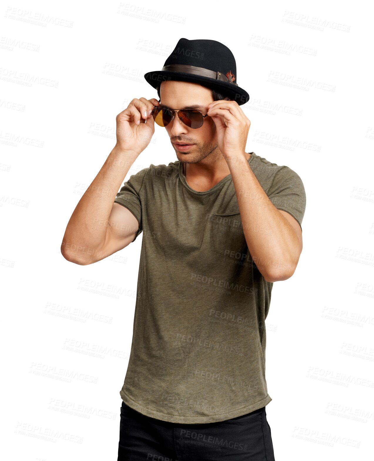 Buy stock photo Isolated man, thinking and sunglasses with hat, idea or edgy for memory by transparent png background. Young student guy, brainstorming or trendy in hipster fashion, remember or future vision in life