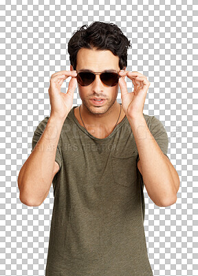 Buy stock photo Portrait, fashion and sunglasses with a cool man isolated on a transparent background in a trendy clothes outfit. Fashionable eyewear, style and a confident or handsome young male model posing on PNG