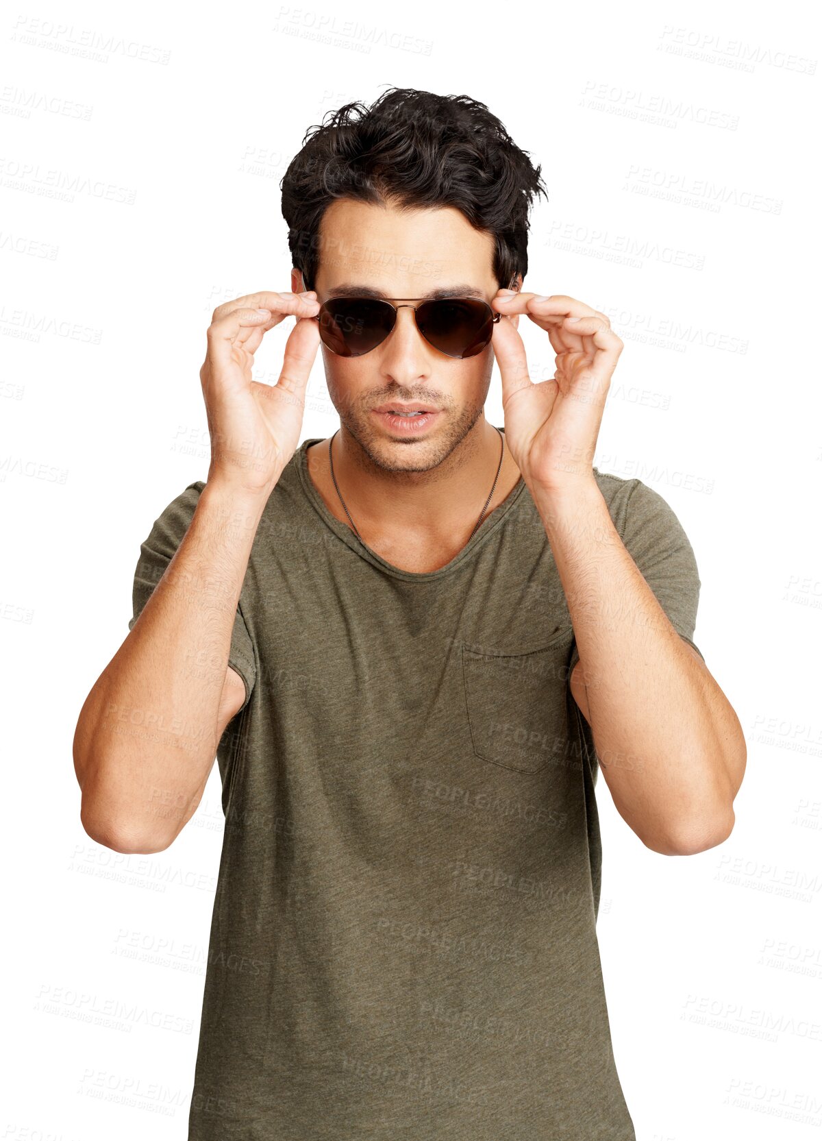 Buy stock photo Portrait, fashion and sunglasses with a cool man isolated on a transparent background in a trendy clothes outfit. Fashionable eyewear, style and a confident or handsome young male model posing on PNG