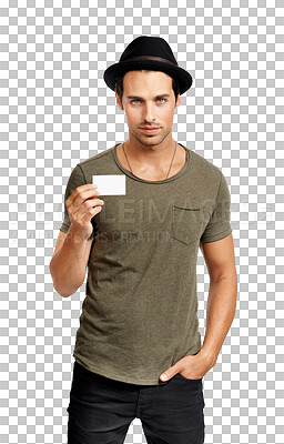 Buy stock photo Serious man, portrait and business card in advertising standing isolated on a transparent PNG background. Male person or model with small poster, billboard or sign in casual clothing or advertisement