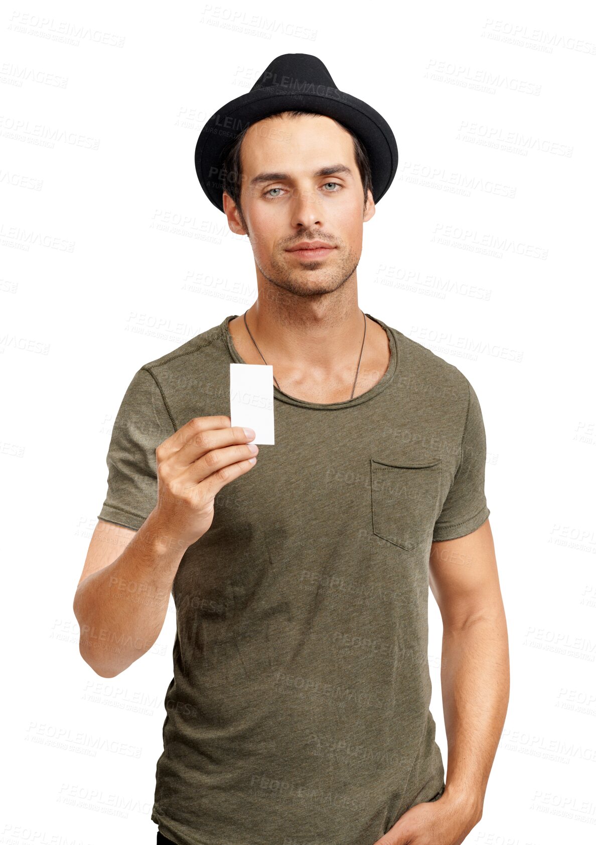 Buy stock photo Serious man, portrait and poster card for advertising standing isolated on a transparent PNG background. Male person or model with small paper, billboard or sign in casual clothing for advertisement