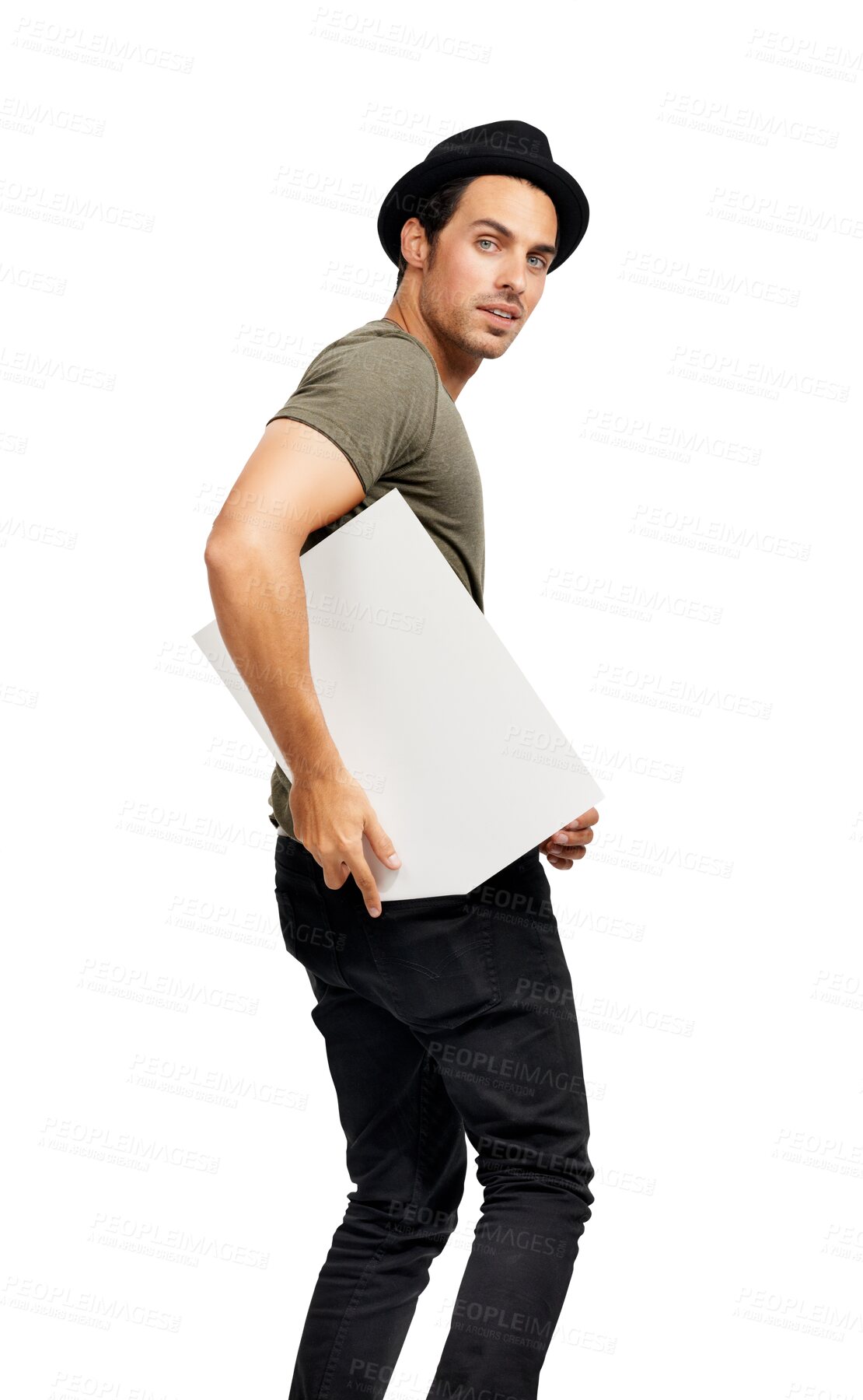Buy stock photo Isolated student man, blank poster and portrait with mockup space by transparent png background. Young guy, hipster fashion and model with billboard, mock up and promotion for opinion, voice or vote