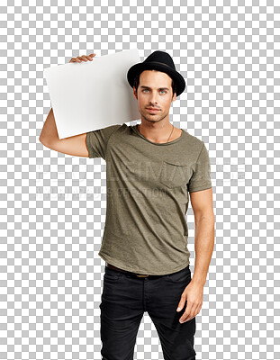 Buy stock photo Portrait, man and holding poster for advertisement or fashion with png or isolated or transparent background. Hipster, protest and mockup for sign with advertising and branding and promotion.