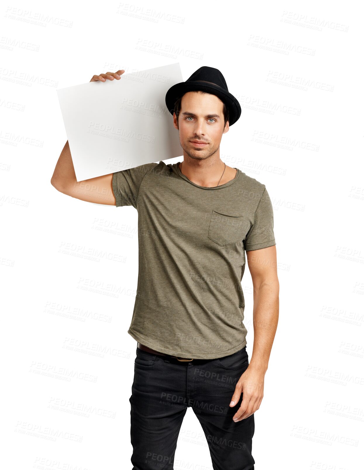 Buy stock photo Portrait, man and holding poster for advertisement or fashion with png or isolated or transparent background. Hipster, protest and mockup for sign with advertising and branding and promotion.