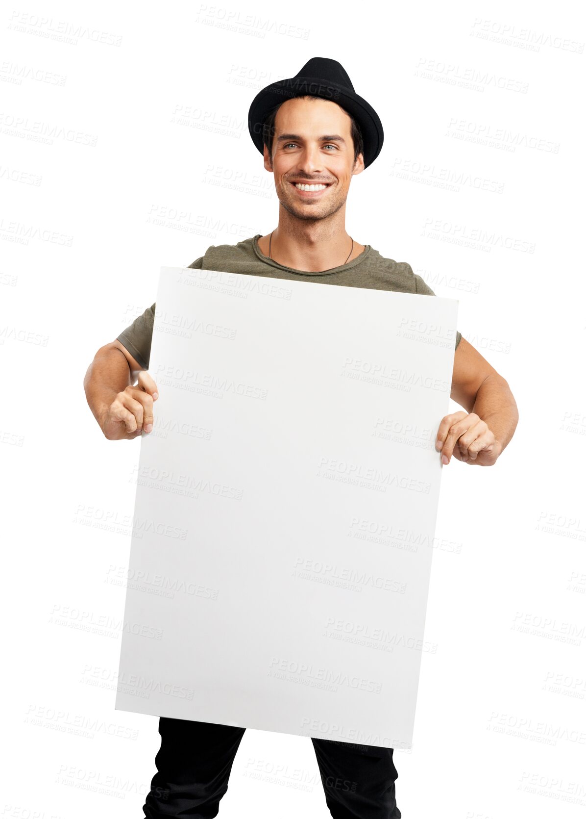 Buy stock photo Happy man, billboard and sign for advertising or marketing standing isolated on a transparent PNG background. Portrait of male person with smile, blank poster or placard on mockup for advertisement