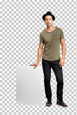 Buy stock photo Young man, portrait and standing with billboard for advertising isolated on a transparent PNG background. Male person or model in casual clothing leaning on poster, sign or placard for advertisement