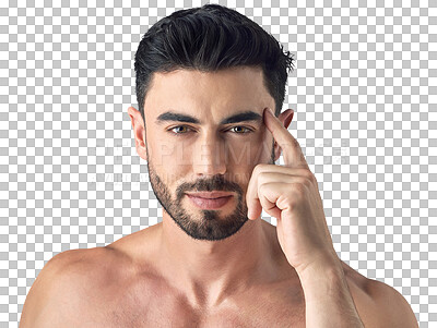 Buy stock photo Face, skincare and serious man isolated on a transparent png background. Portrait, natural beauty and male model with cosmetics in spa facial treatment for wellness, aesthetic and smooth healthy skin