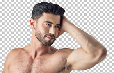 Buy stock photo Sexy, man and hand in hair with confidence, natural beauty or clean haircut from barber on transparent, isolated or png background. Muscular model, face and care for grooming, beard or skincare