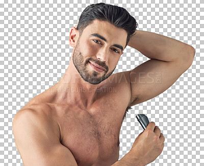 Buy stock photo Armpit, deodorant and face of man isolated on a transparent png background. Antiperspirant, underarm and portrait of model with product, perfume or cosmetics for grooming, wellness and body care.