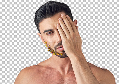 Buy stock photo Flowers, beard and man in portrait isolated on transparent png background for beauty, natural skincare and wellness. Hand, cover and art facial of young person with floral on face for cleaning