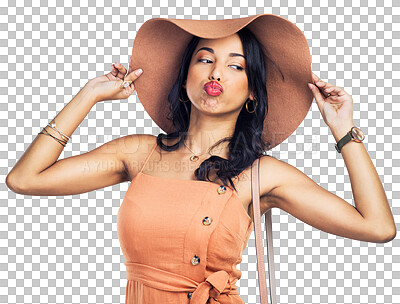 Buy stock photo Sunglasses, fashion or woman thinking of beauty, glamour or confidence isolated on transparent png background. Wonder, travel or proud girl with a stylish outfit, cool hat or trendy aesthetic clothes