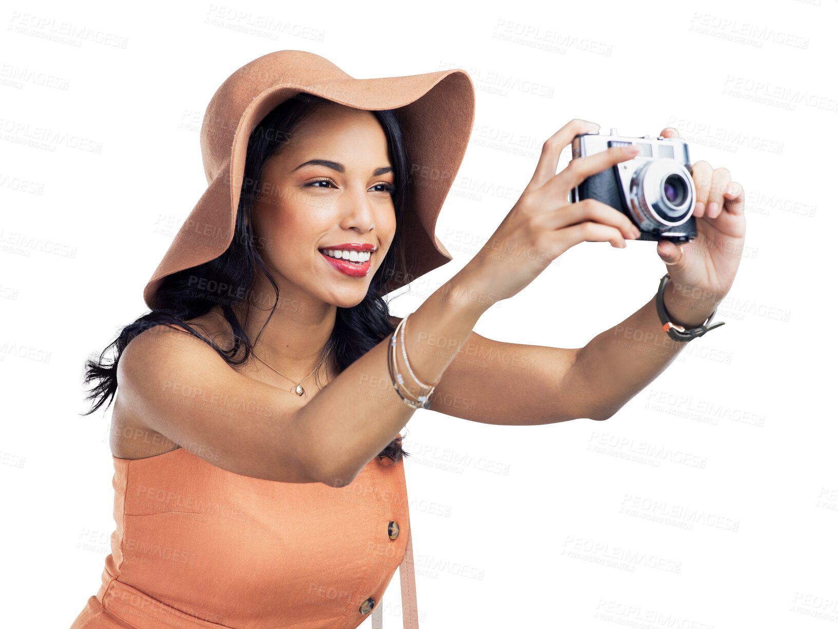 Buy stock photo Happy woman, camera and photography in fashion for picture isolated on a transparent PNG background. Female person, model or photographer smiling in summer clothing for photo, memory or capture