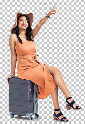Buy stock photo Travel, pointing or excited woman with suitcase for holiday, vacation or weekend trip with a bag. Luggage, hat or happy girl tourist showing tourism adventure isolated on transparent png background