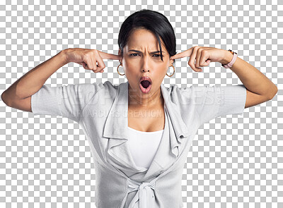 Buy stock photo Portrait, frustrated and ignore with a business woman isolated on a transparent background blocking her ears. Face, angry and expression with a young female employee looking upset at news on PNG
