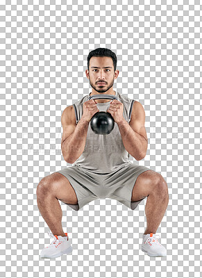 Buy stock photo Portrait, exercise and kettlebell with an athlete man isolated on a transparent background for physical training. Fitness, workout and health with a young male bodybuilder lifting weights on PNG