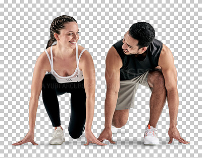 Buy stock photo Runner, ready and couple of friends in fitness competition, training challenge or support on floor. Personal trainer, woman or young sports people start running isolated on transparent png background