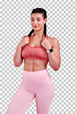 Portrait, fitness and woman with exercise, sports and confident girl isolated against a transparent background. Female person, healthy model or athlete with aesthetic, png and training with self care