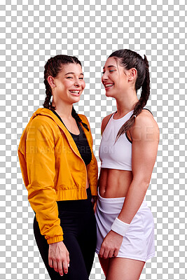 Buy stock photo Sports, funny and women with fitness, exercise and workout isolated against a transparent background. Female people, athlete and models with humor, laughing and png with wellness, happy and health
