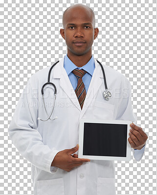 Buy stock photo Healthcare, portrait and tablet with a doctor black man isolated on transparent background for advice. Medical, technology and display with a serious medicine professional on PNG for telehealth