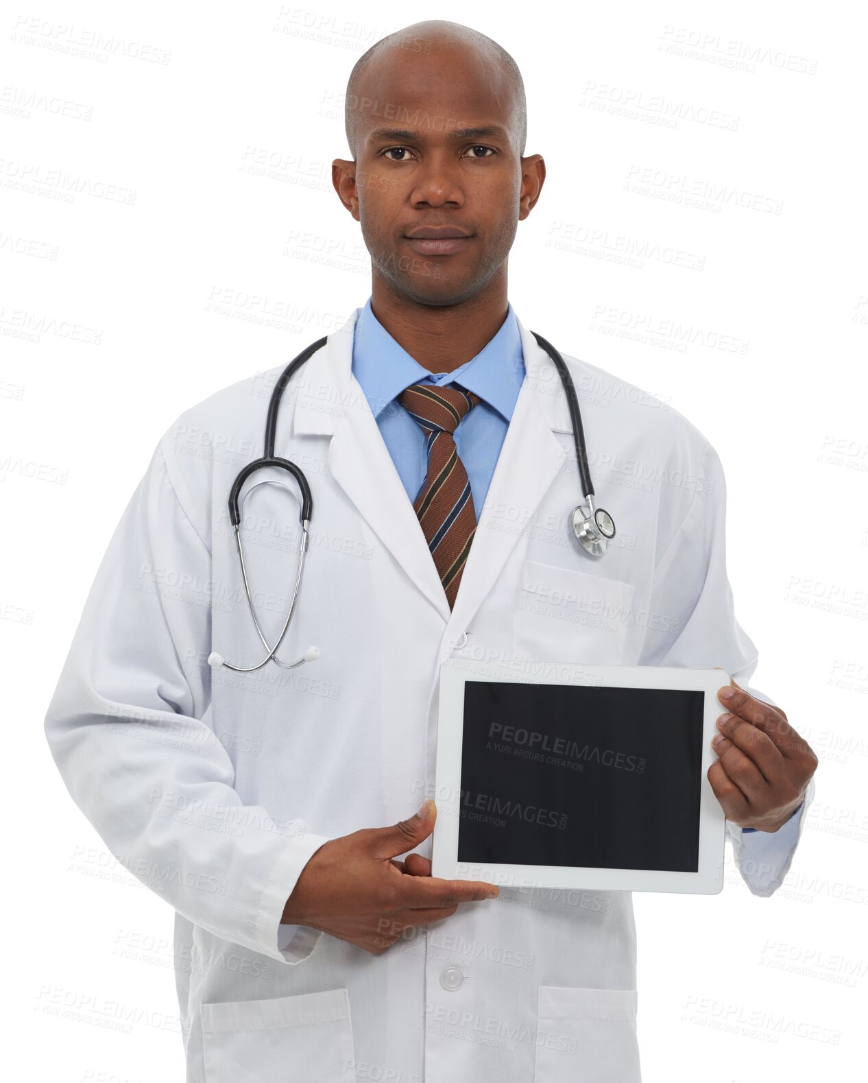 Buy stock photo Healthcare, portrait and tablet with a doctor black man isolated on transparent background for advice. Medical, technology and display with a serious medicine professional on PNG for telehealth