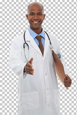 Buy stock photo Healthcare, portrait and handshake with a doctor black man isolated on transparent background for consulting. Medical, smile and welcome with a happy medicine professional on PNG for friendly advice