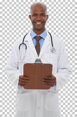 Buy stock photo Portrait, medical and black man doctor with clipboard for diagnosis or treatment with career. Smile, healthcare and professional African surgeon with checklist isolated by transparent png background.