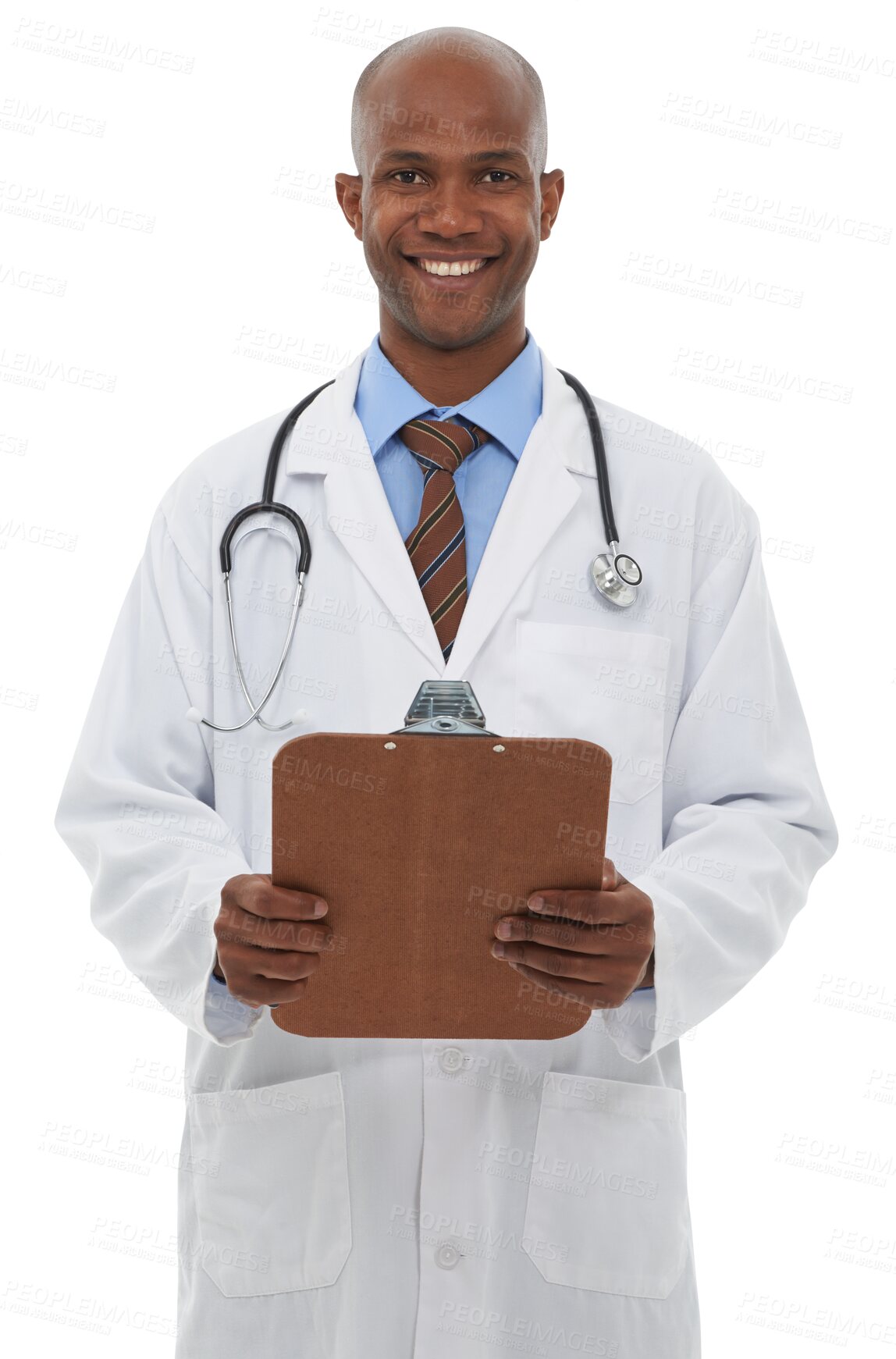 Buy stock photo Portrait, medical and black man doctor with clipboard for diagnosis or treatment with career. Smile, healthcare and professional African surgeon with checklist isolated by transparent png background.