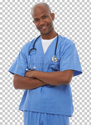 Buy stock photo Isolated doctor man, arms crossed and portrait with smile for health by transparent png background. Medic, African person and happy with pride in healthcare services, wellness and career at hospital