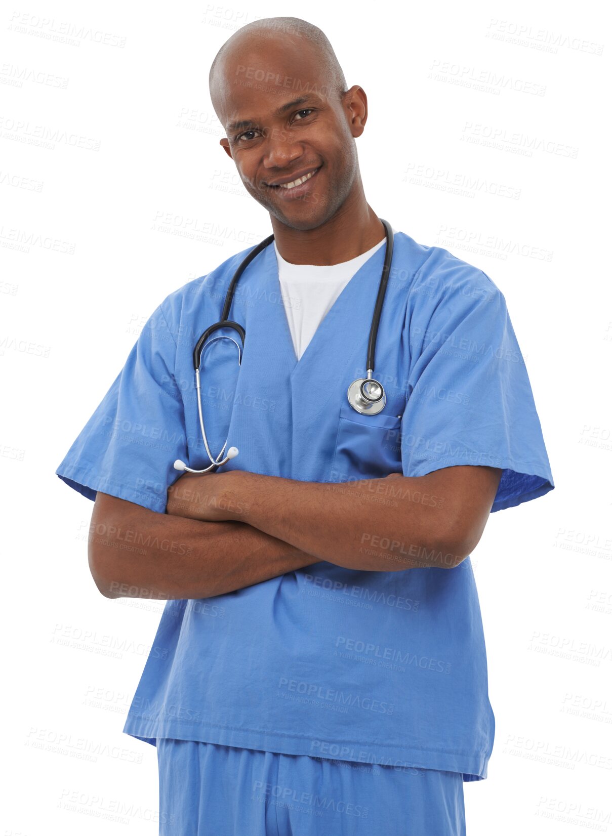 Buy stock photo Isolated doctor man, arms crossed and portrait with smile for health by transparent png background. Medic, African person and happy with pride in healthcare services, wellness and career at hospital