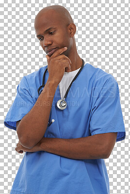 Buy stock photo Man, nurse and thinking on healthcare, medical service and brainstorming for medicine, trust and idea. Black male person, cardiology and health consultant or isolated on transparent png background