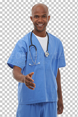 Buy stock photo Happy black man, portrait and handshake for meeting or greeting isolated on a transparent PNG background. African male person, nurse or medical employee shaking hands for deal or healthcare agreement