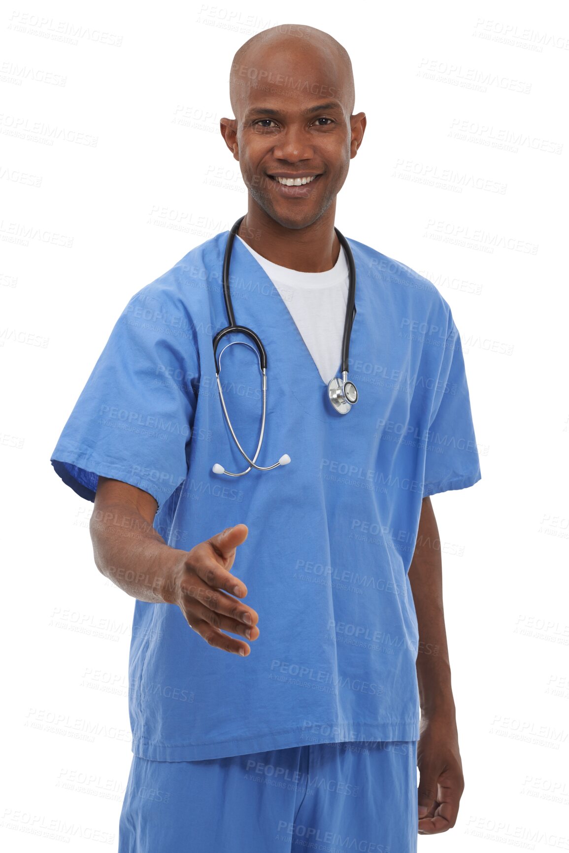 Buy stock photo Happy black man, portrait and handshake for meeting or greeting isolated on a transparent PNG background. African male person, nurse or medical employee shaking hands for deal or healthcare agreement