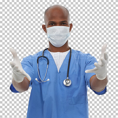 Buy stock photo Isolated doctor, African man and mask with gloves, hands and open for helping by transparent png background. Medic person, ppe and safety in portrait for wellness, healthcare and career in hospital