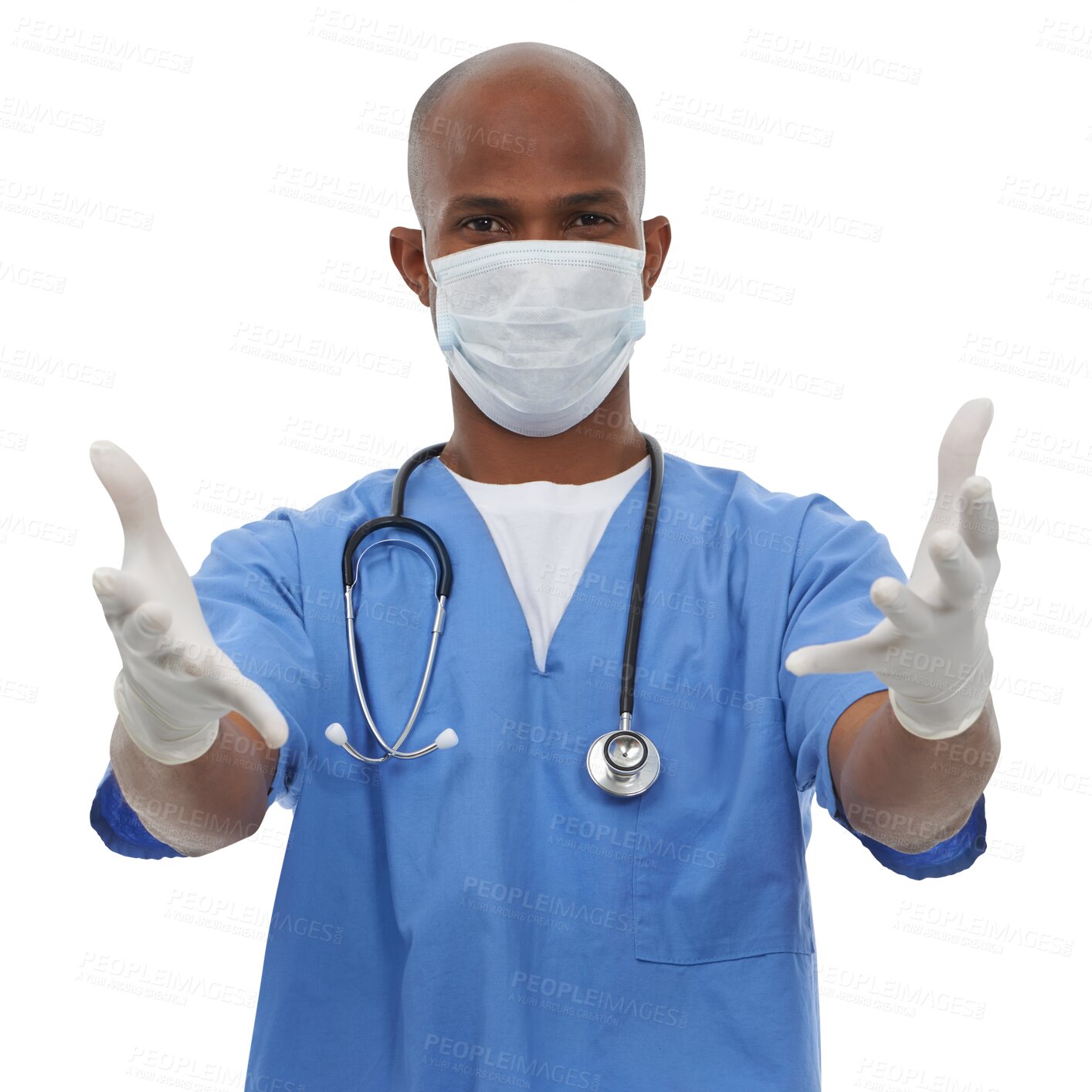 Buy stock photo Isolated doctor, African man and mask with gloves, hands and open for helping by transparent png background. Medic person, ppe and safety in portrait for wellness, healthcare and career in hospital