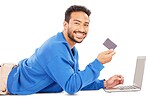 Online shopping, laptop or portrait of happy man with debit card