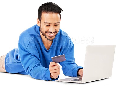 Buy stock photo Man, laptop and smile with credit card for ecommerce, banking and fintech payment isolated on transparent png background. Happy asian guy, computer and code for savings, online shopping or sales deal