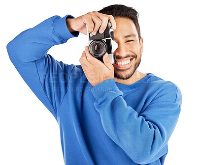 Buy stock photo Photographer, man and smile with retro camera for photoshoot, content creation or paparazzi isolated on transparent png background. Happy asian journalist, photography skills or lens for creative art