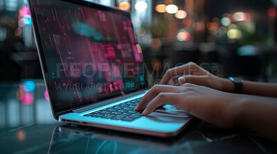 Buy stock photo Hands, laptop and futuristic pattern of matrix for coding, network or digital texture on screen in 3d. Database, IT or software with programming for data protection, cyber security or cloud computing